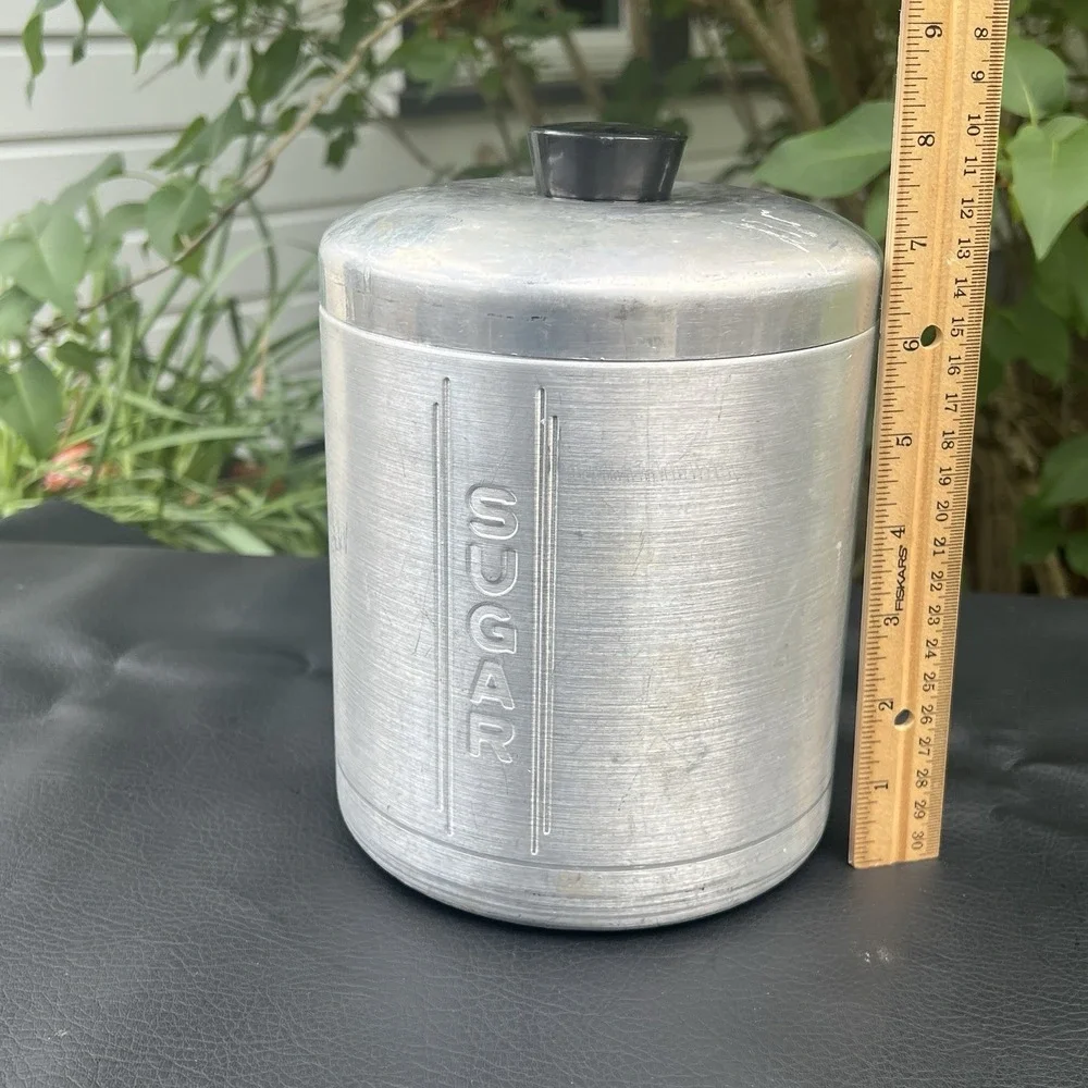 Vintage 1950's Aluminum Kitchen Sugar Canister with Lid 8